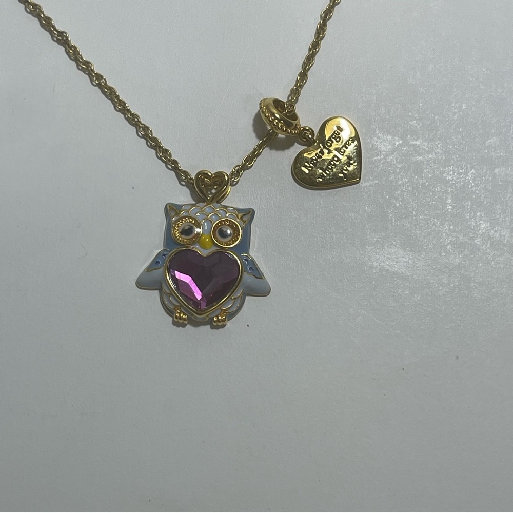 Gold-Tone Owl Pendant Necklace with Purple Heart Gem:Never Forget Whoo Loves You